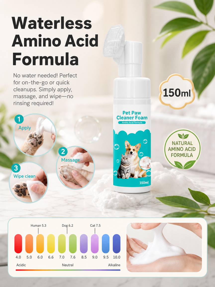 ๐พ No-Rinse Pet Paw Foam Cleaner 150ml with Silicone Brush for Dogs Cats, Safe Daily Walk Paw Care
