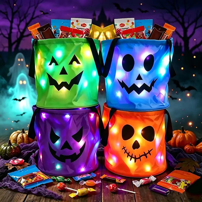 💥 LAST DAY 49% OFF -LED Light Up Halloween Candy Bucket, Glowing Pumpkin Ghost Trick or Treat Tote Bag, Reusable Collapsible Kids Halloween Basket