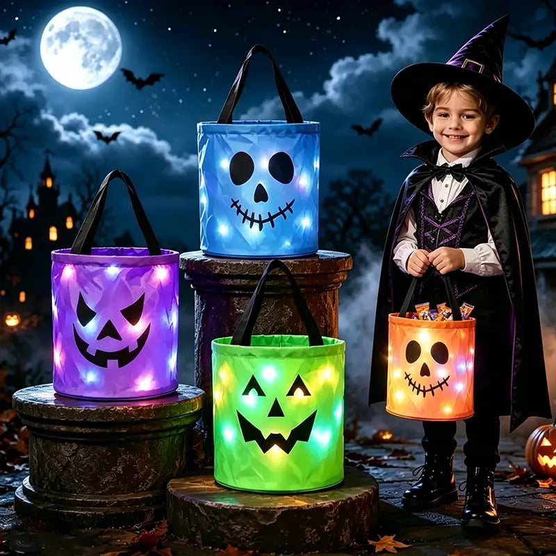 💥 LAST DAY 49% OFF -LED Light Up Halloween Candy Bucket, Glowing Pumpkin Ghost Trick or Treat Tote Bag, Reusable Collapsible Kids Halloween Basket