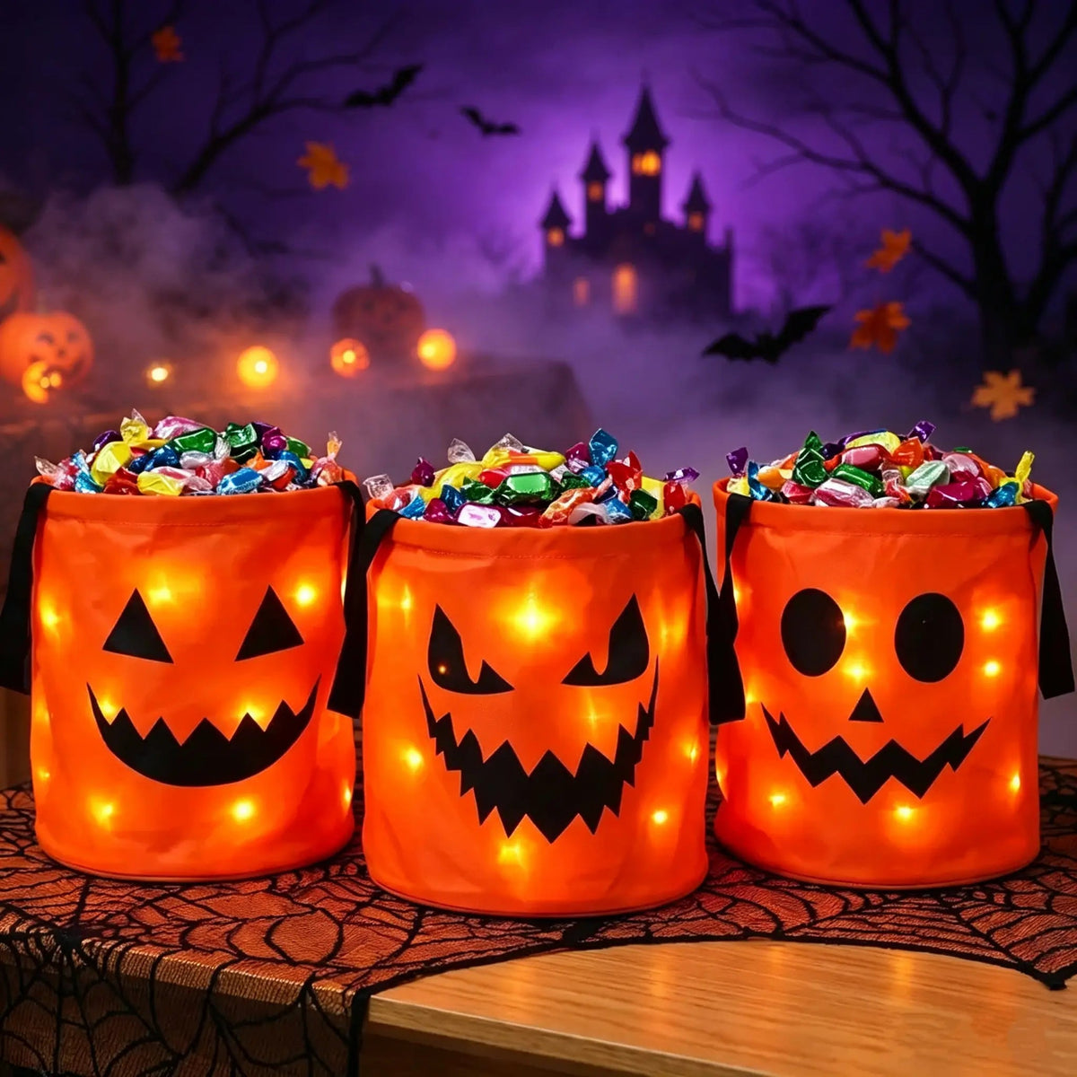 💥 LAST DAY 49% OFF -LED Light Up Halloween Candy Bucket, Glowing Pumpkin Ghost Trick or Treat Tote Bag, Reusable Collapsible Kids Halloween Basket