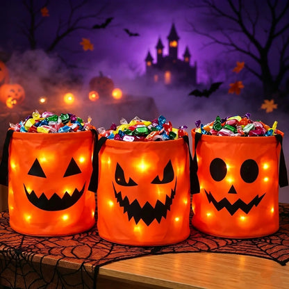 💥 LAST DAY 49% OFF -LED Light Up Halloween Candy Bucket, Glowing Pumpkin Ghost Trick or Treat Tote Bag, Reusable Collapsible Kids Halloween Basket