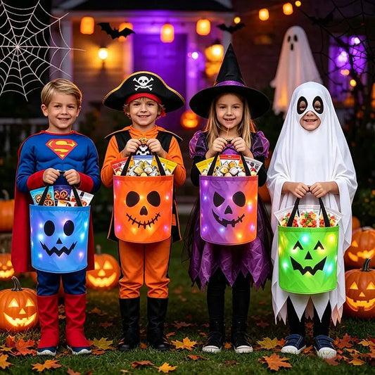 💥 LAST DAY 49% OFF -LED Light Up Halloween Candy Bucket, Glowing Pumpkin Ghost Trick or Treat Tote Bag, Reusable Collapsible Kids Halloween Basket