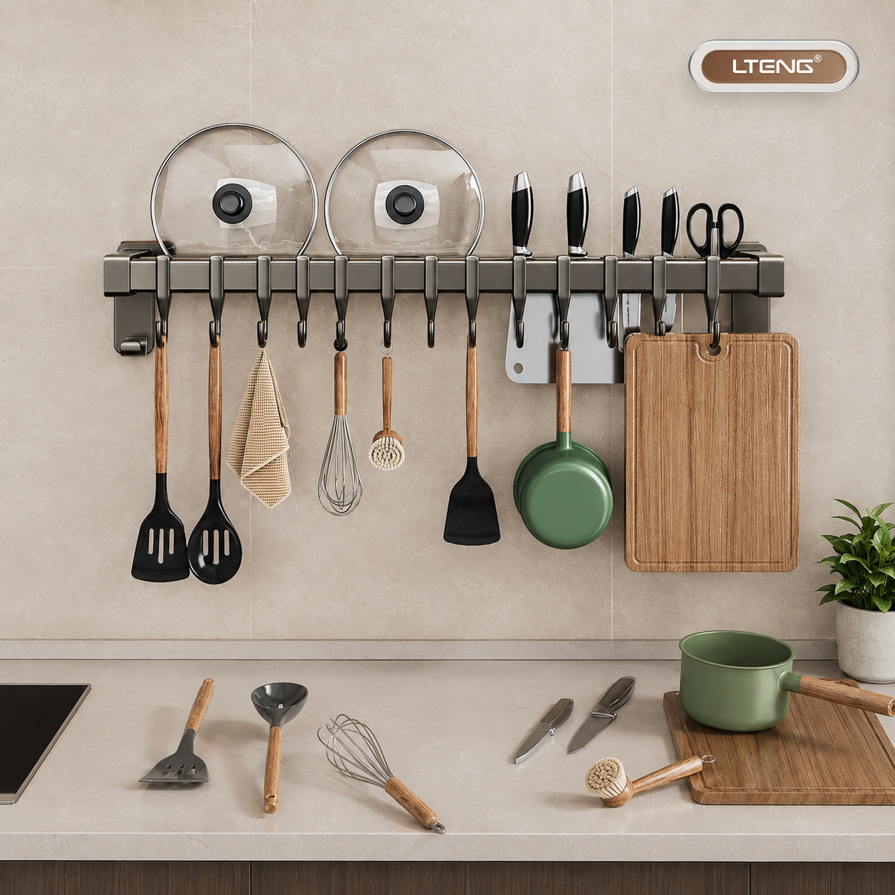 No-Drill Wall-Mounted Kitchen Utensil Rack