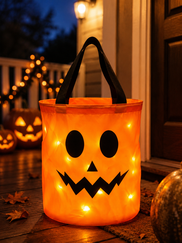 💥 LAST DAY 49% OFF -LED Light Up Halloween Candy Bucket, Glowing Pumpkin Ghost Trick or Treat Tote Bag, Reusable Collapsible Kids Halloween Basket