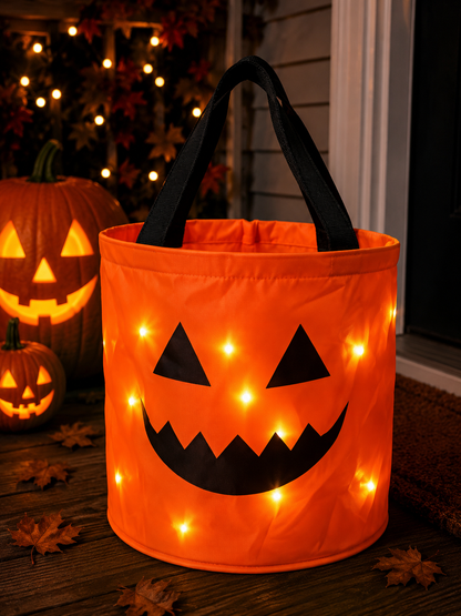 💥 LAST DAY 49% OFF -LED Light Up Halloween Candy Bucket, Glowing Pumpkin Ghost Trick or Treat Tote Bag, Reusable Collapsible Kids Halloween Basket
