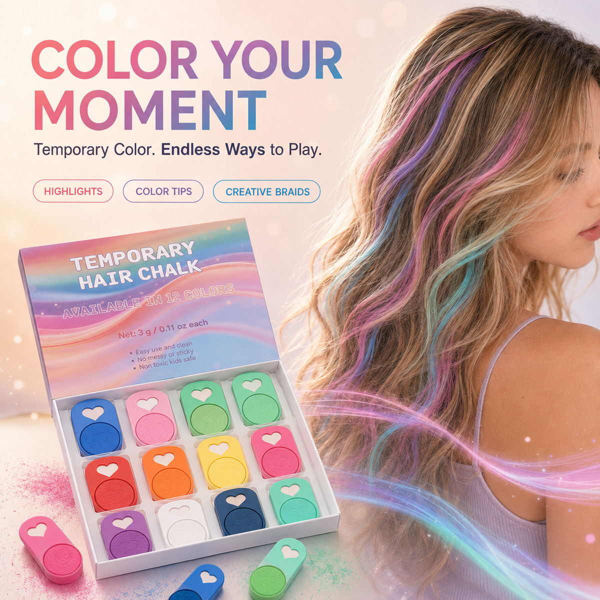 💥 LAST DAY 49% OFF-Washable Temporary Hair Chalk Set, Non-Toxic Kids Hair Color Chalk, Matte Fluorescent Pearl Hair Dye for Halloween Party Cosplay