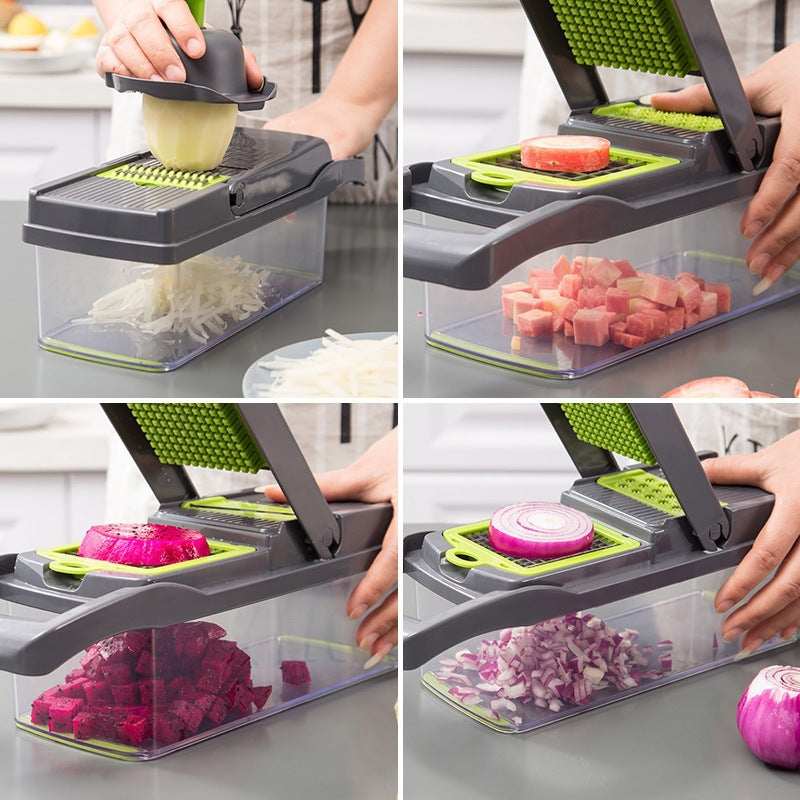 MULTI-FUNCTION VEGETABLE CHOPPER & SLICER  SLICE. DICE. SHRED. CHOP. ALL WITH ONE KITCHEN TOOL.