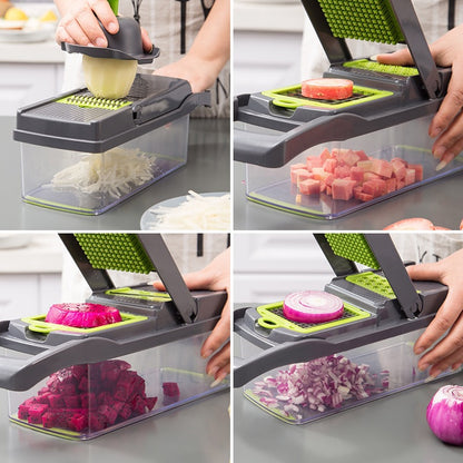 MULTI-FUNCTION VEGETABLE CHOPPER & SLICER  SLICE. DICE. SHRED. CHOP. ALL WITH ONE KITCHEN TOOL.