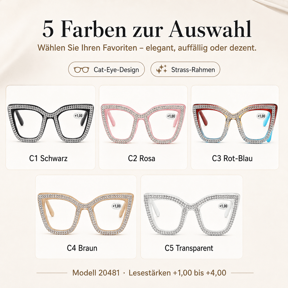 ✨ Cat-Eye Blue Light Reading Glasses with Sparkling Details