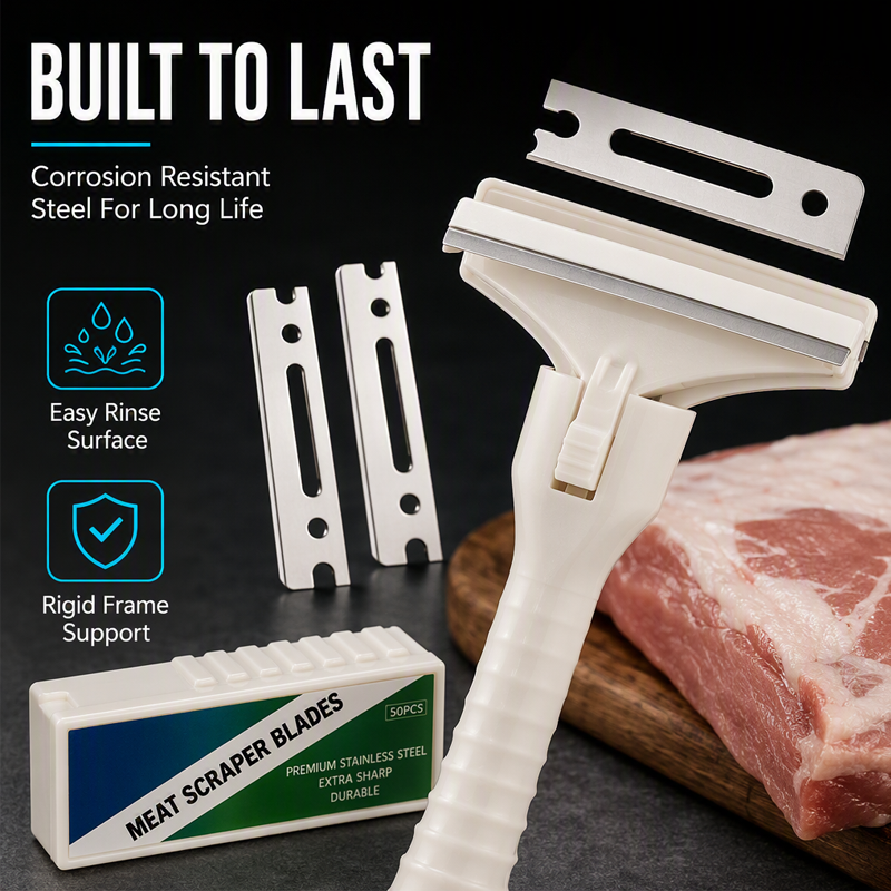 🥩🔥 LAST DAY — BUY 1 GET 1 FREE! Stainless Steel Meat Scraper Large 10CM Set (1 Holder + 10 Blades) 🔪