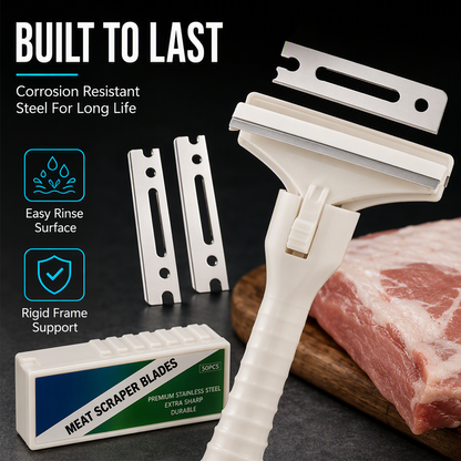 🥩🔥 LAST DAY — BUY 1 GET 1 FREE! Stainless Steel Meat Scraper Large 10CM Set (1 Holder + 10 Blades) 🔪