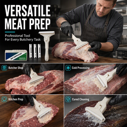 🥩🔥 LAST DAY — BUY 1 GET 1 FREE! Stainless Steel Meat Scraper Large 10CM Set (1 Holder + 10 Blades) 🔪